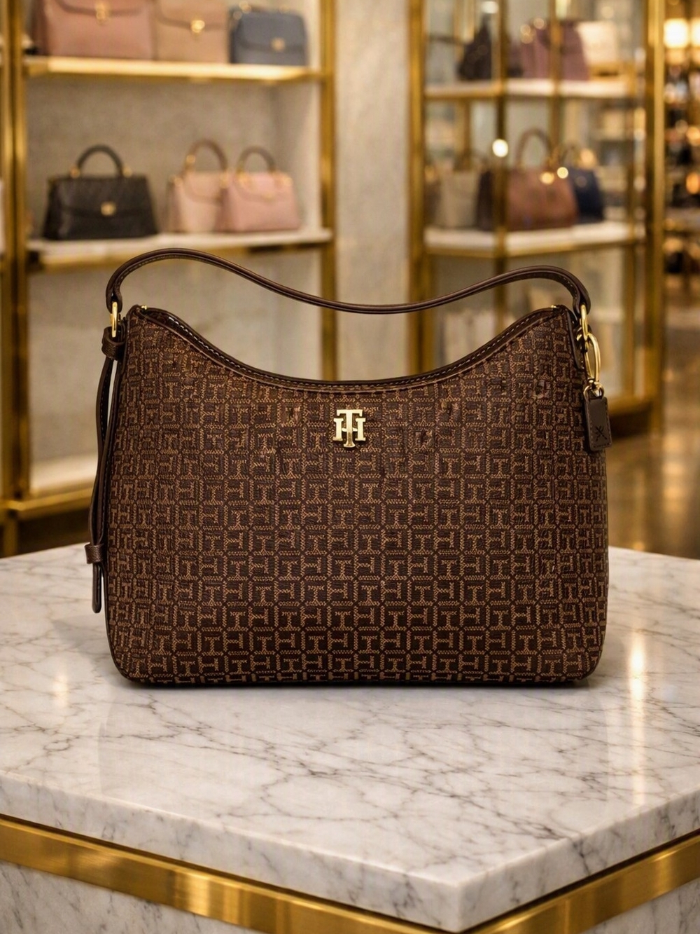 Tommy Hilfiger Brown Signature Jacquard Shoulder Bag